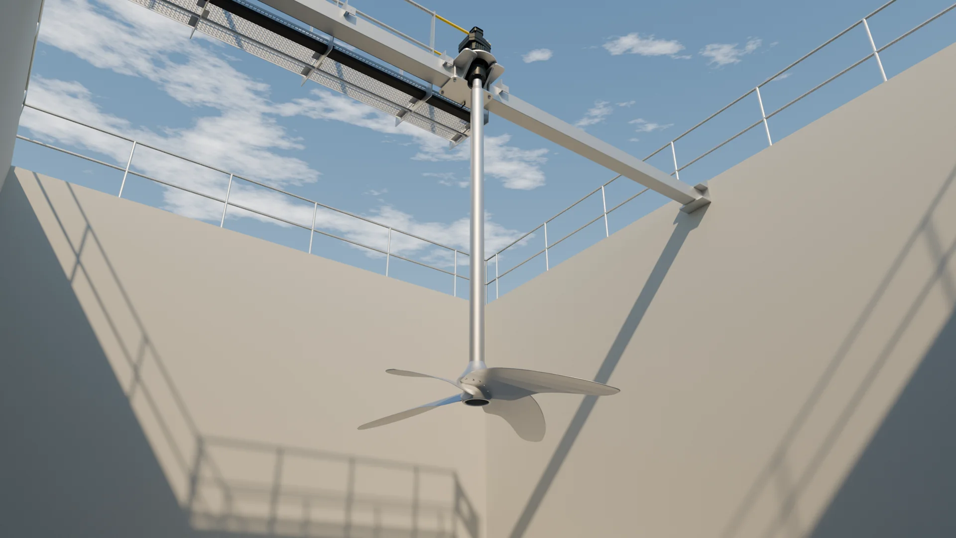 LICUS-Rührwerk im leeren Betonbecken: Brücke mit Steg, Antrieb, Welle und Propeller