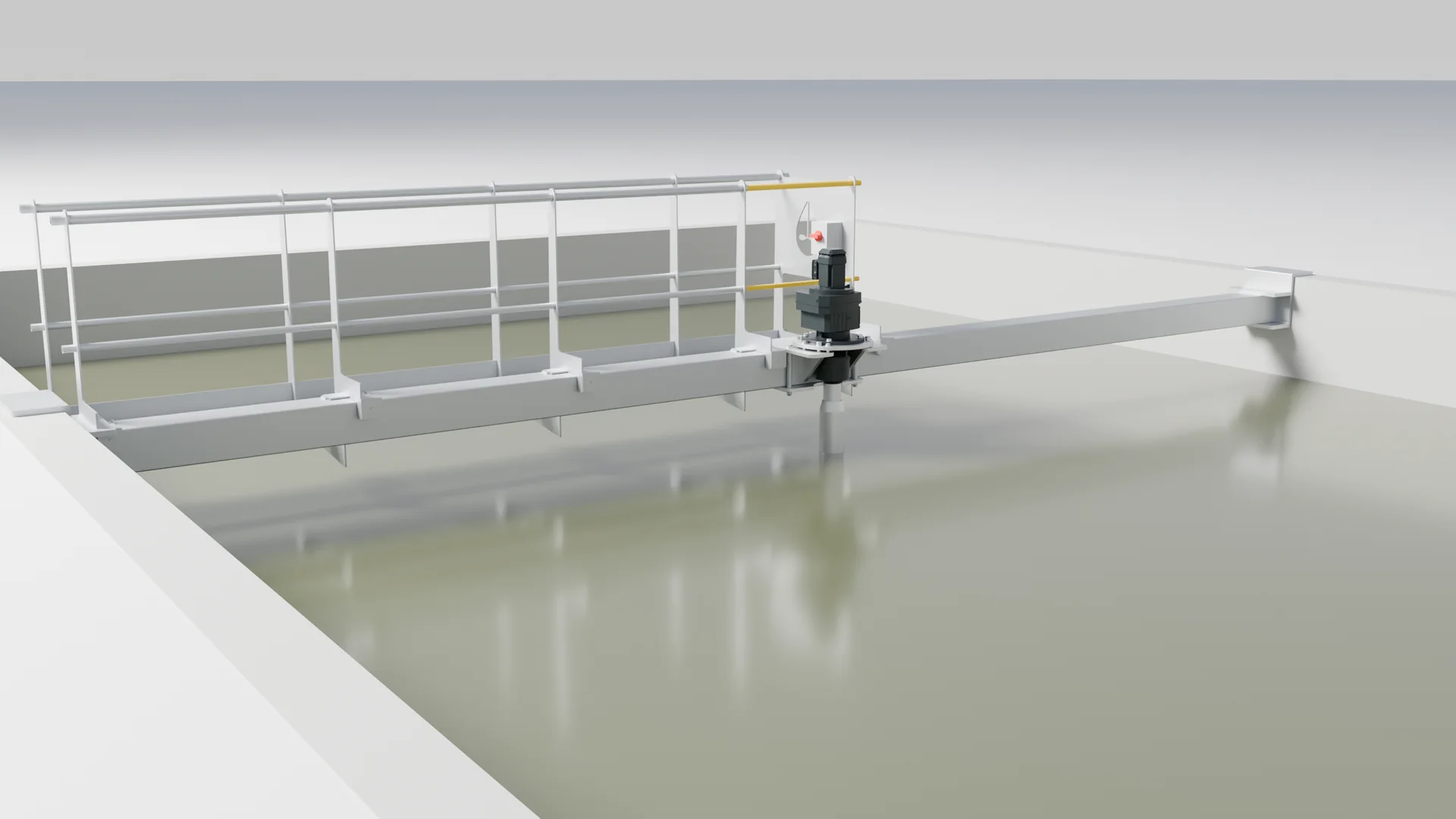 LICUS-Rührwerk im gefüllten Becken, Blick über die Beckenkrone auf Brücke, Steg und Antrieb
